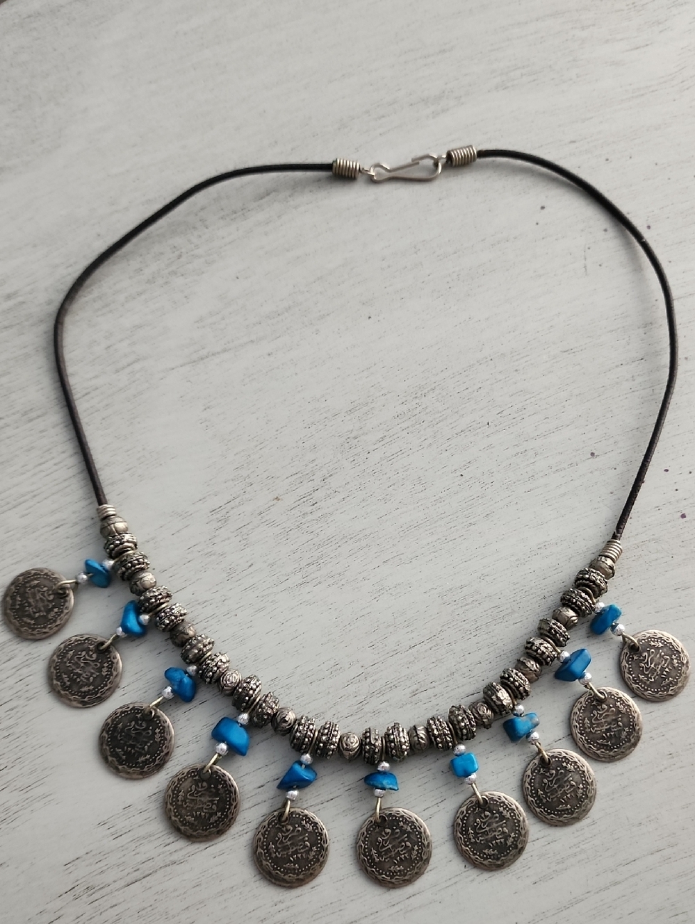 Bohemian Silver Coin Necklace with Turquoise Beads